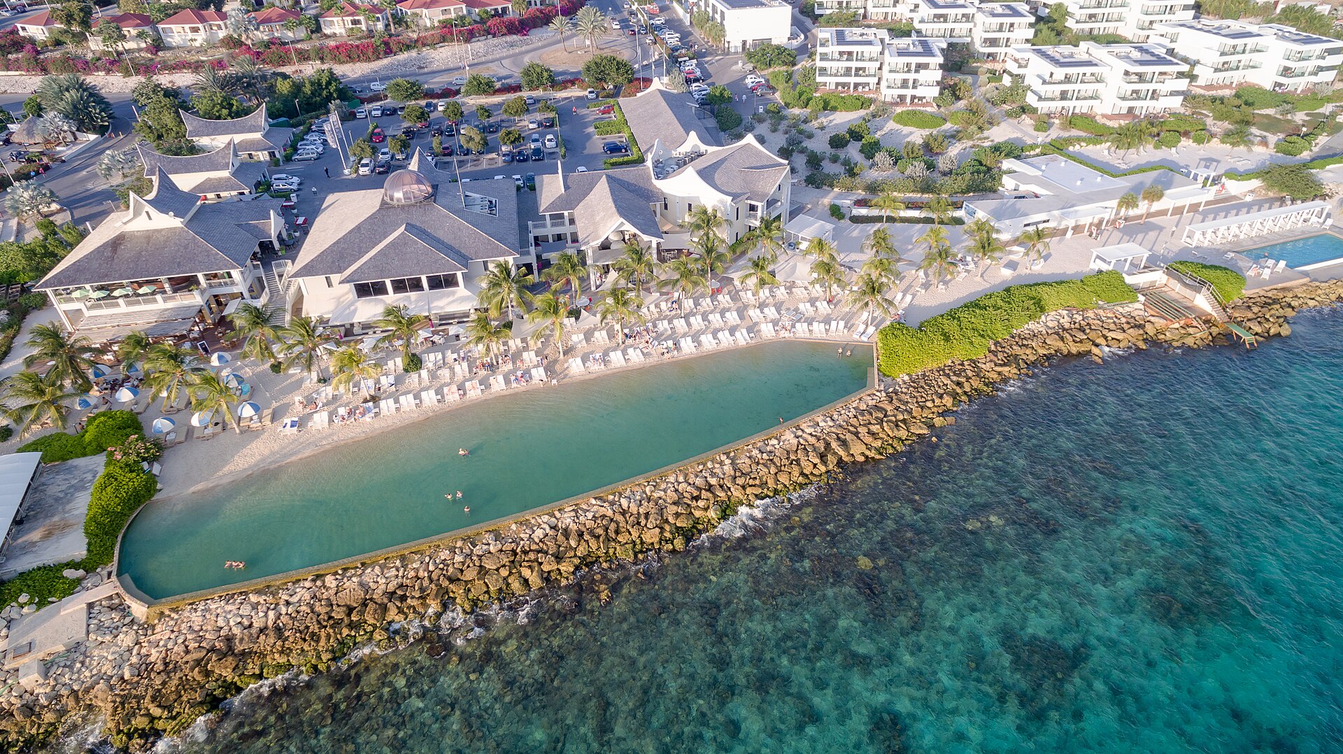 The Jan Thiel hotel and beach-club zone from above, Curaçao